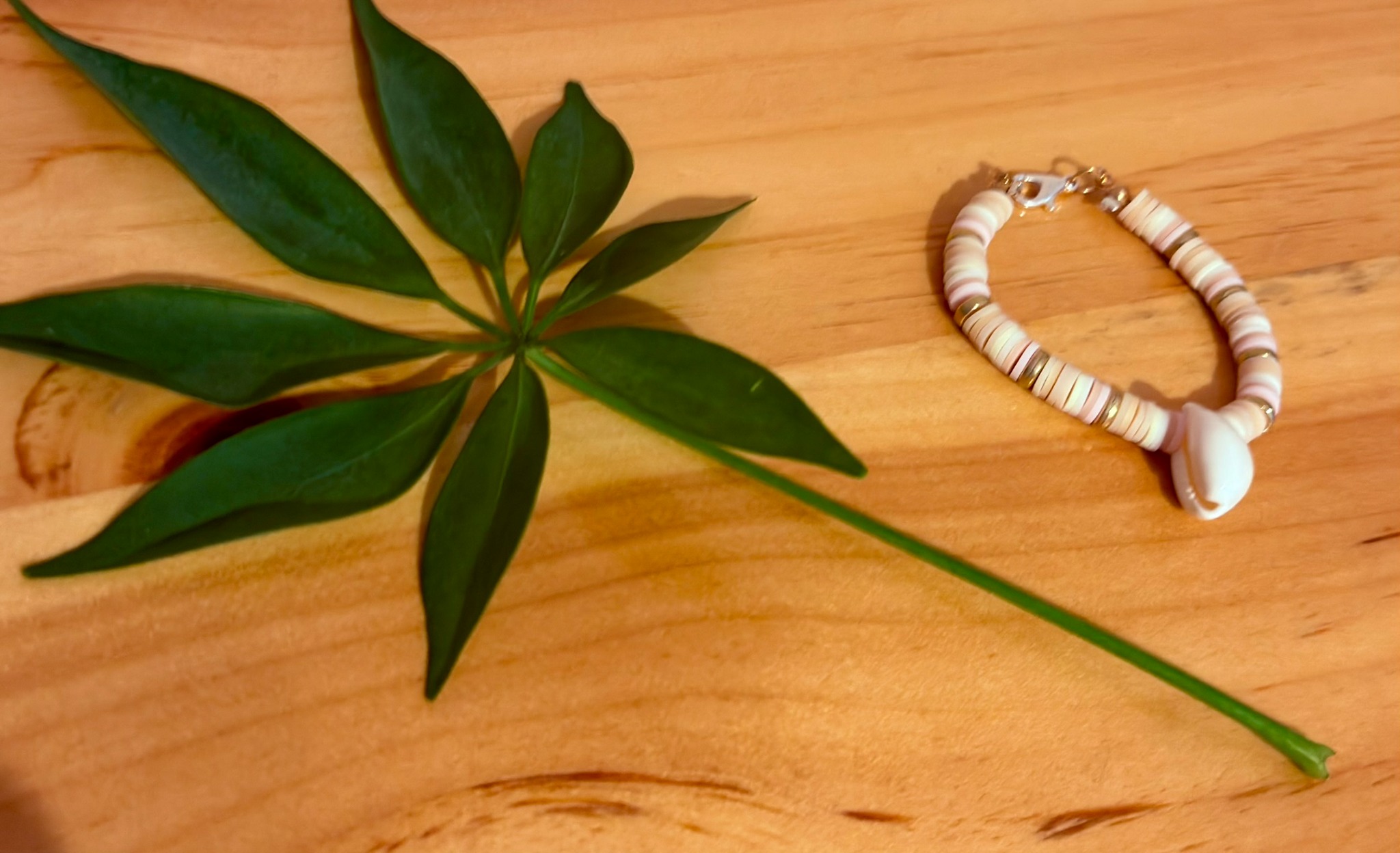 Bracelet de perles claires et coquillage sur une table en bois, à côté de feuilles vertes